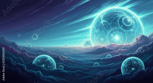 Ethereal Dreamscape Featuring Glowing Celestial Orbs Floating Above Surreal Clouds in a Vast Neon Galactic Universe