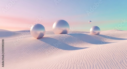 Dreamlike Pastel Desert Landscape Featuring Metallic Spheres Under A Soft Gradient Sky For A Serene Minimalist Artistic Background Composition