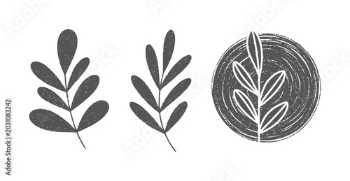 Three stylized dark gray botanical leaf white plant nature symbol