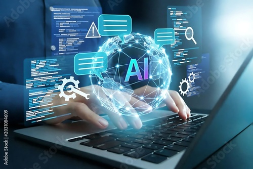 Vibe coding tool. AI assisted software development and automated error or bug detection. Programmer using AI to generate code for creating applications on laptop.Artificial intelligence generates code