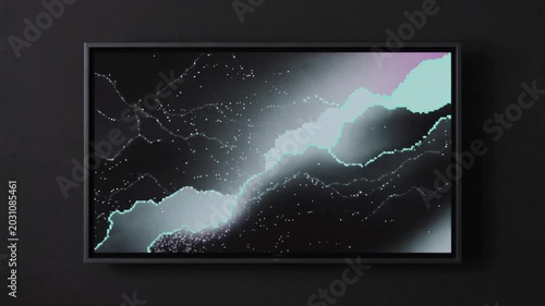 Abstract digital art display on a wall, featuring a glowing, pixelated lightning bolt effect against a dark, grainy, atmospheric background