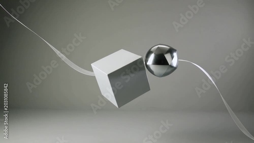 Abstract composition with a chrome sphere and a white cube suspended by flowing ribbons against a neutral grey background