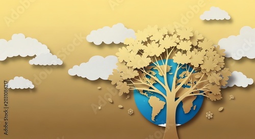 Golden Tree of Life & Earth Globe, Clouds, Paper Cutout Style