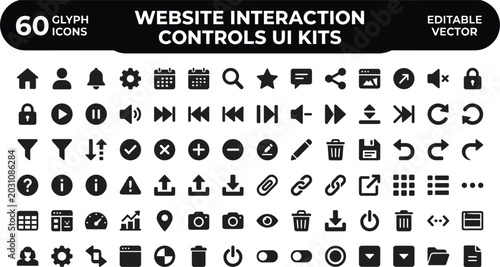 Website Interaction Controls UI Kits Glyph Icons Set for Buttons, Media Controls, Forms, and Web App Design