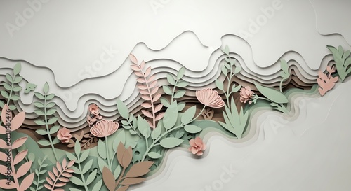 Paper Cut Nature Scene: Layered Plants, Flowers and Leaves