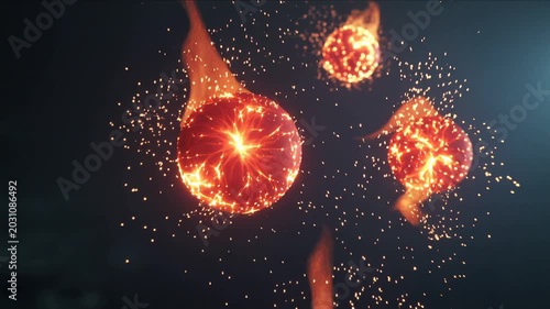 Abstract background with glowing fireballs or energy spheres with sparks and smoke trails floating in dark space