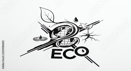 Eco friendly logo with globe, leaves, water drops and cracked earth