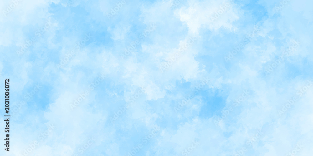Naklejka premium Abstract background with panorama of blue sky and white cloud nature design. horizon spring morning sky with clouds background. hand painted watercolor shades sky clouds.