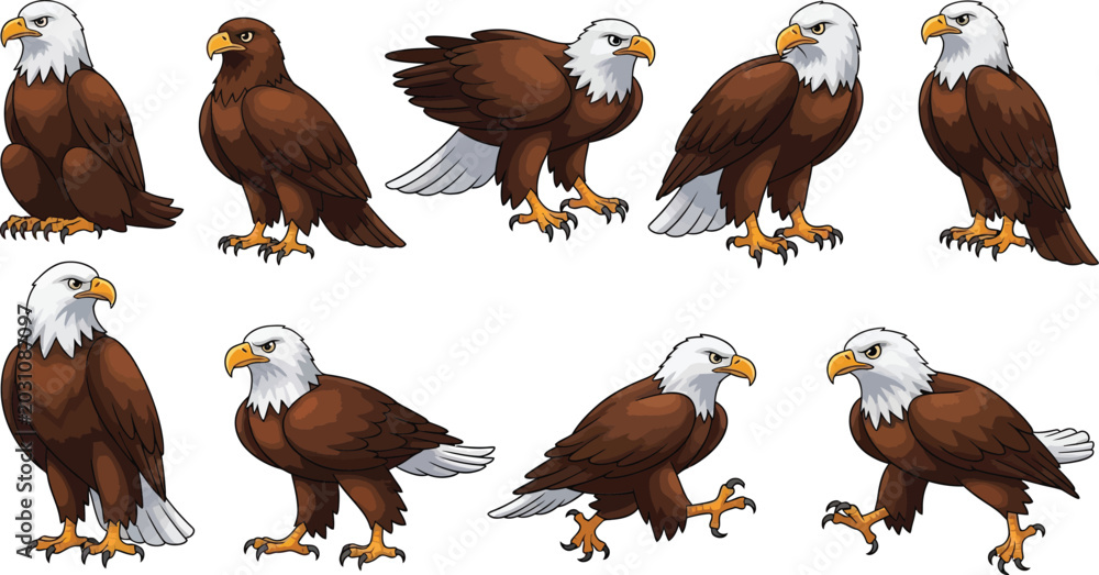 Naklejka premium Bald eagle cartoon mascot vector set featuring powerful American eagle birds in different standing and walking posesBald eagle cartoon mascot vector set featuring powerful American eagle birds in diff