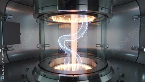 Futuristic scientific laboratory equipment with a glowing energy core inside a glass cylinder, hightech fusion reactor concept