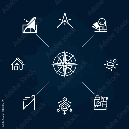 Compass rose with connected navigation exploration location icons