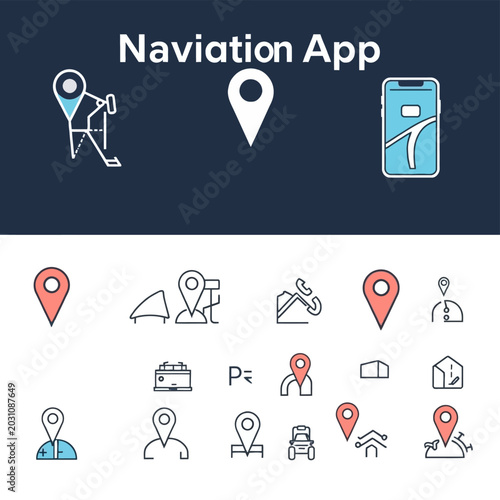 Navigation app icons and user interface elements for location tracking