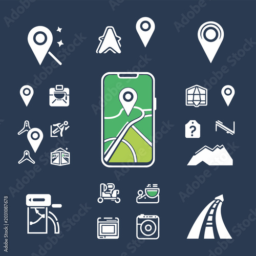 Navigation app on smartphone surrounded by various location and travel icons