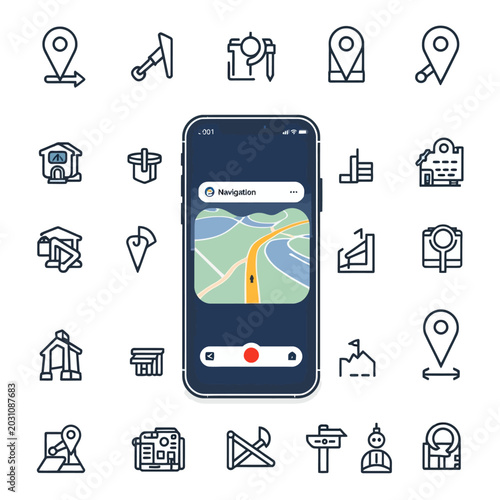 Smartphone displaying a navigation app with a route on screen surrounded