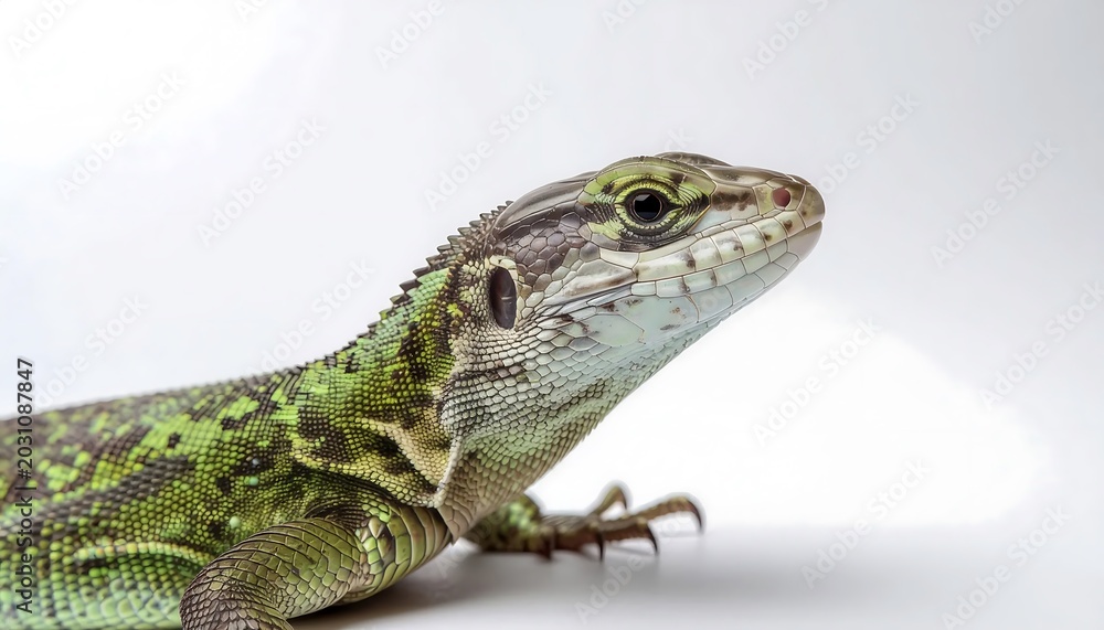 Fototapeta premium Close up portrait of a green lizard on a white background.