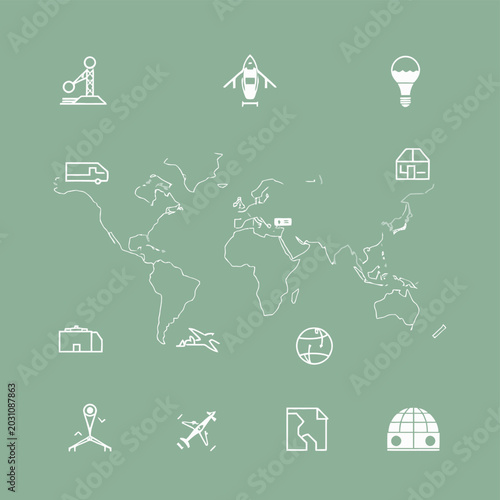 World map with transportation and location icons hot air balloon transport