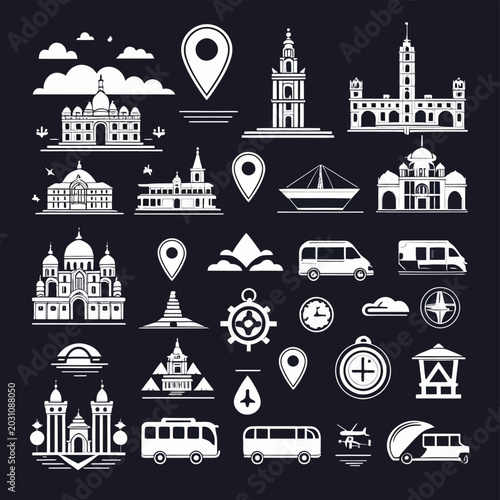Diverse collection of white icons for travel and landmarks on black