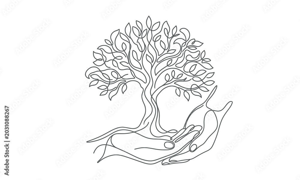 Fototapeta premium Hand holding a growing tree illustration symbolizing protection and growth isolated on transparent background, Vector silhouette one line art design editable