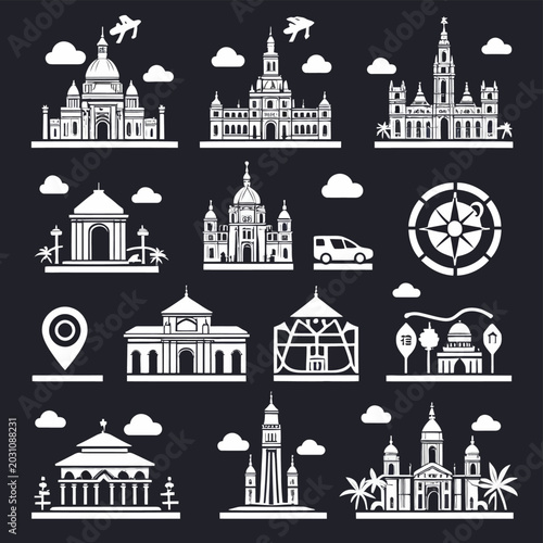 White landmark and travel icons on black background with clouds, wind rose