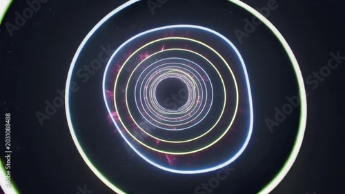 Abstract tunnel with glowing neon spiral lines and purple nebula clouds in deep space