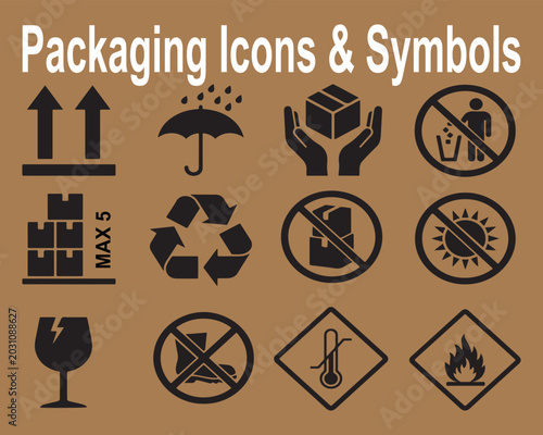 Packaging Icons and Shipping Symbols Vector Set for Product Handling, Recycling and Warning Labels