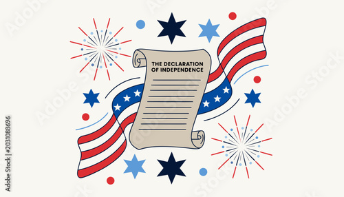 American Independence Day icons, patriotic symbols, USA flag, fireworks, Declaration of Independence