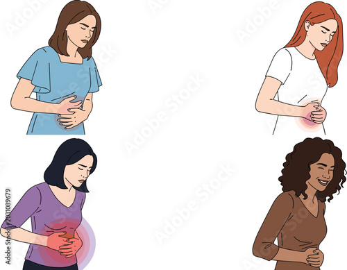 Vector illustration of diverse women experiencing abdominal pain and stomach cramps representing digestive discomfort and health issues