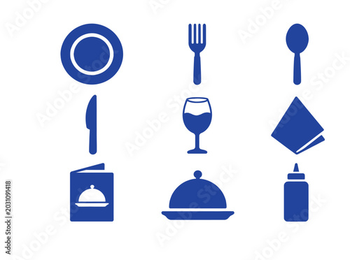Fotografia Essential dining and kitchen items are clearly presented as simple blue icons, s