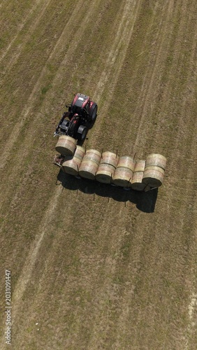 Tractor Arranging Hay Bales in Field: An aerial view captures a tractor skillfully arranging round hay bales in a large, harvested field, showcasing agricultural work and rural productivity.