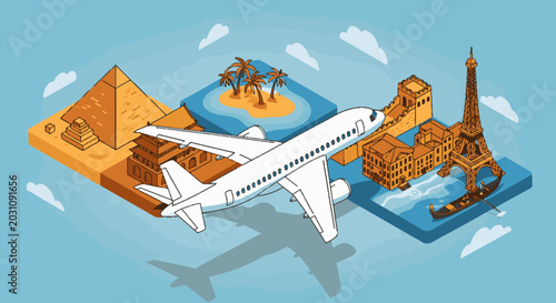 Airplane flying over famous world landmarks and travel destinations, symbolizing global tourism and adventure.
