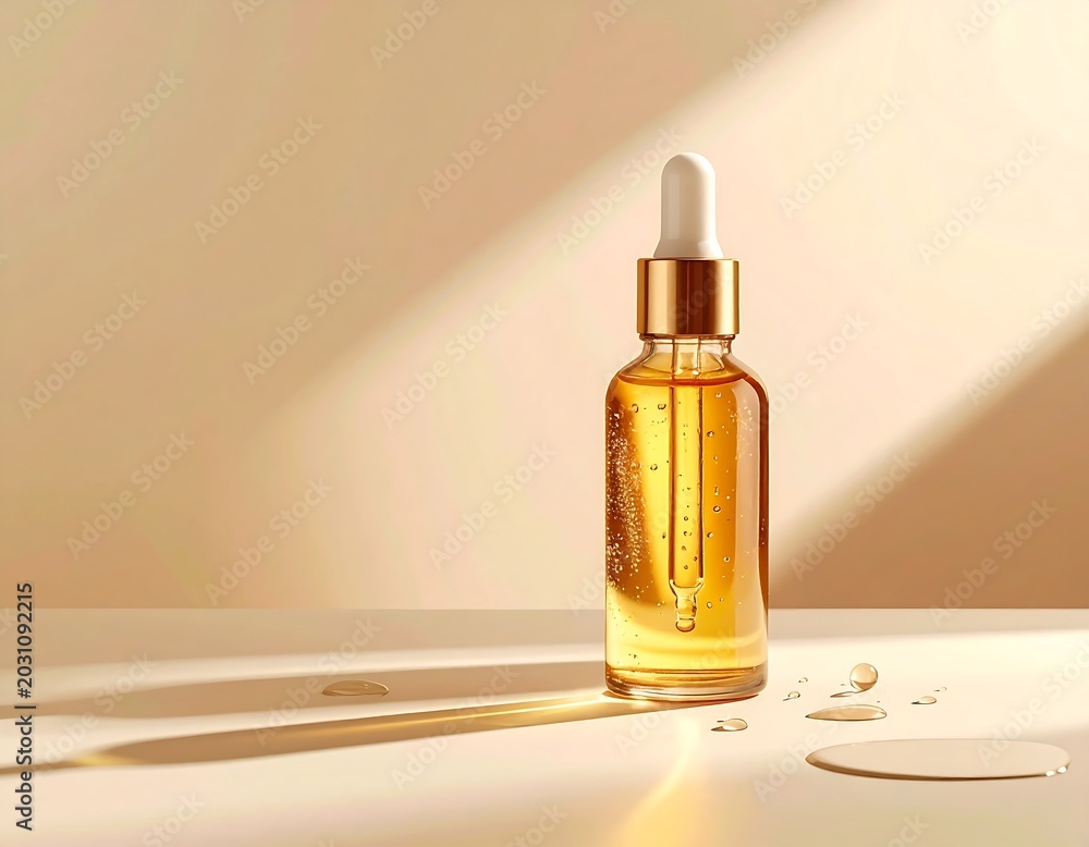 Naklejka premium Amber glass dropper bottle with cosmetic face oil on sunlit beige surface with long shadows