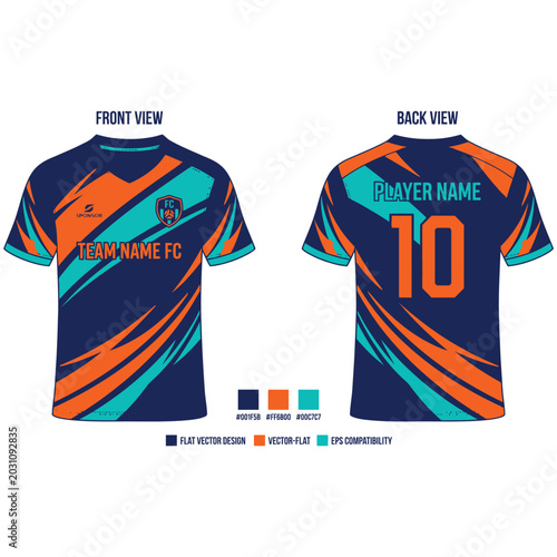 Football club jersey design for unshave fc with dynamic orange and teal patterns