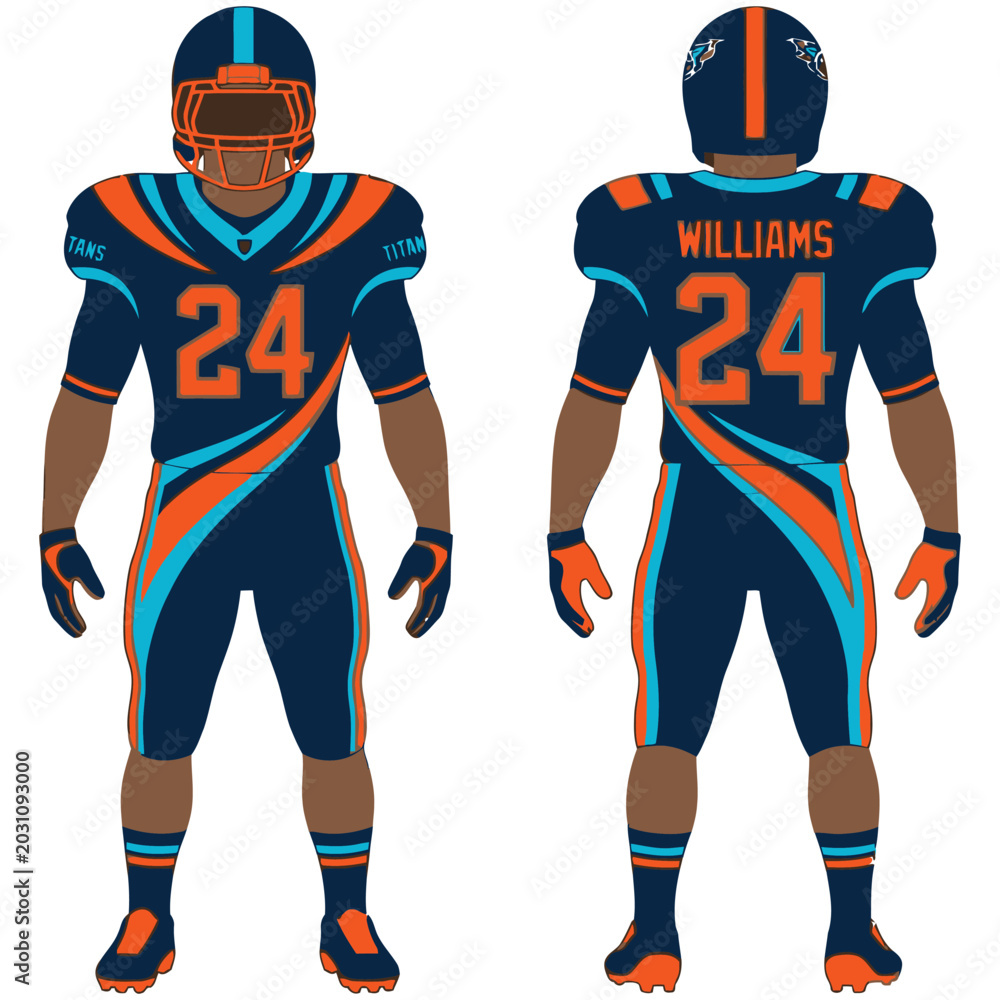 Fototapeta premium American football player uniform in navy blue with orange and teal accents