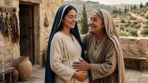 Joyful pregnant Virgin Mary wearing a blue veil visiting older cousin Elizabeth sharing a tender embrace during the biblical visitation moment anticipating the holy birth of baby Jesus