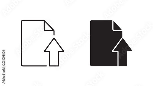 Black and white file upload icons with arrows on clean background for technology concepts