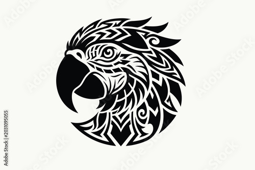 Tribal Parrot Head Logo Vector in Black and White Style