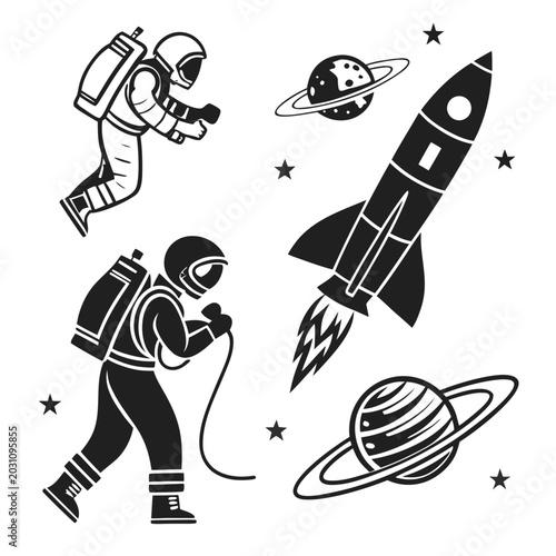 Fotografie Black and white astronauts and rockets in space with planets, zero gravity
