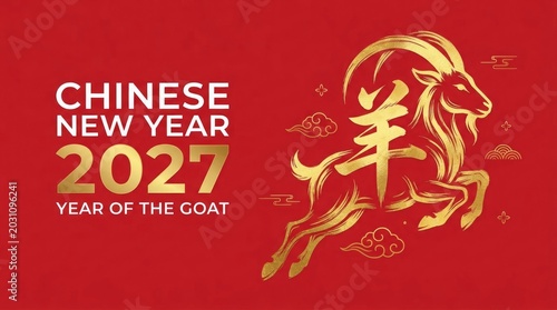 Golden goat illustration for chinese new year 2027 celebration with red background