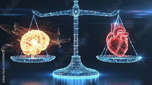 Conceptual balance brain and heart on digital scales against dark background