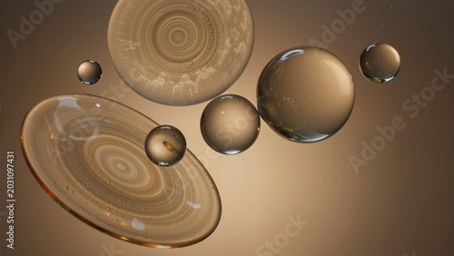 Glass spheres and discs floating in liquid