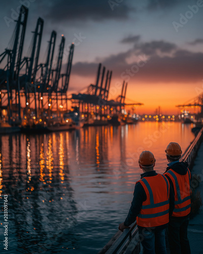 Portside Dusk Watch: Two workers in high-visibility vests observe the sprawling industrial port as dusk settles, silhouetting towering cranes against a fiery orange sky.
