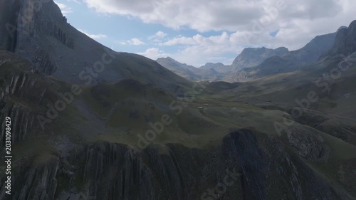 Aerial drone flight over Vichaycocha valley and winding road in the high Andes of Lima, Peru