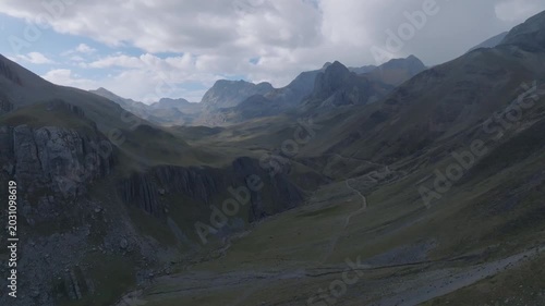 Aerial drone flight over Vichaycocha valley and winding road in the high Andes of Lima, Peru
