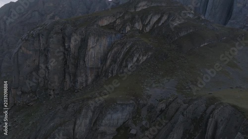 Aerial drone view revealing dramatic rock formations in Vichaycocha, high Andes of Lima, Peru