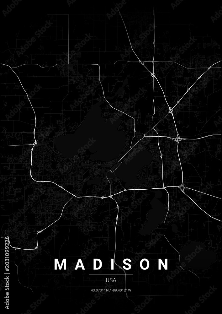 Obraz premium Modern Madison City Map Poster Design, Noir Style Urban Street Grid Cartography