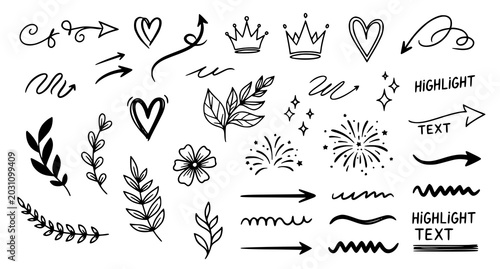 Modern Hand Drawn Decorative Swirl Arrow Heart Flower and Firework Doodle Element Set
