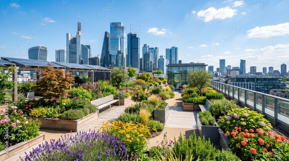 Fototapeta premium Rooftop garden filled with flowering plants and seating overlooking modern city skyline on clear sunny day