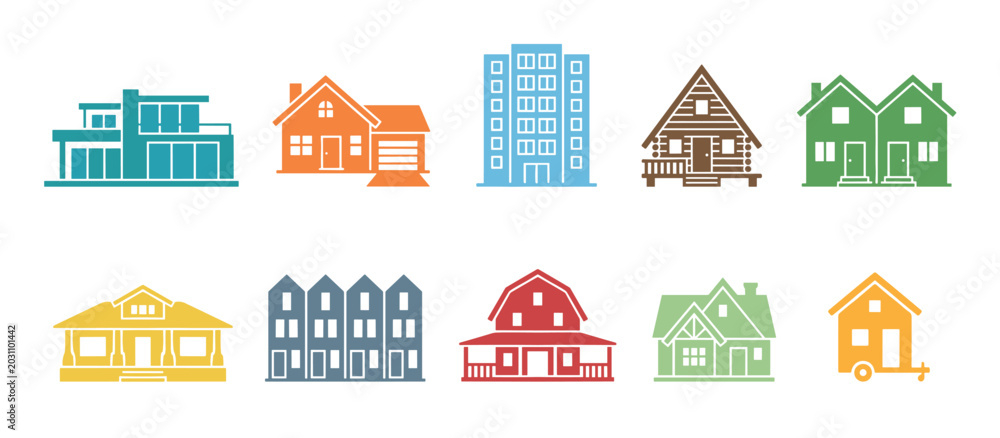 Fototapeta premium Diverse collection of colorful house and building icons representing various architectural styles, residential properties, and urban development.