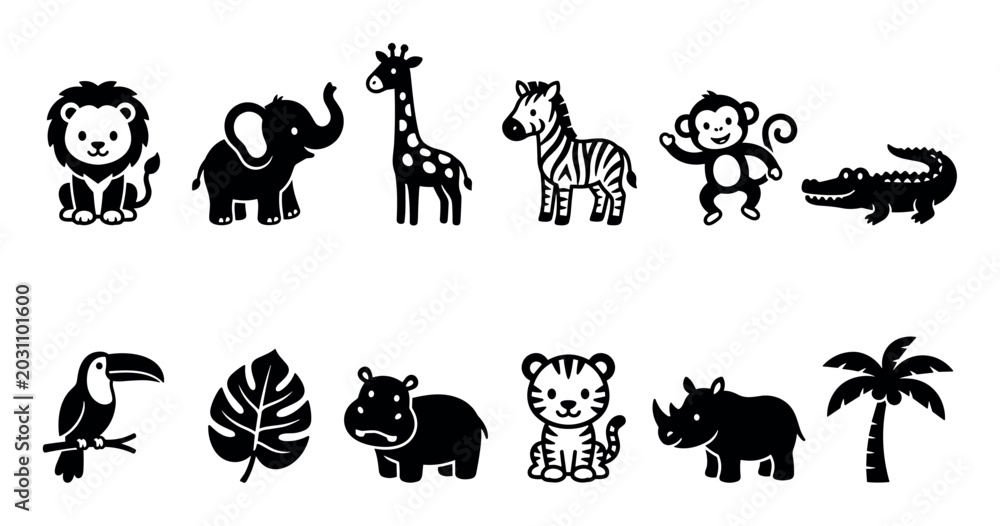 Fototapeta premium Cute cartoon safari jungle animals and elements including lion, elephant, giraffe, zebra, monkey, alligator, toucan, hippopotamus, tiger, rhinoceros, monstera leaf, and palm tree.