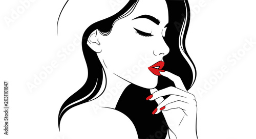 Beautiful sexy face, red lips, hand with red manicure nails, fashion woman, element design, nails studio, curly hairstyle, hair salon sign, icon. Beauty logo. Vector. Transparent PNG version.